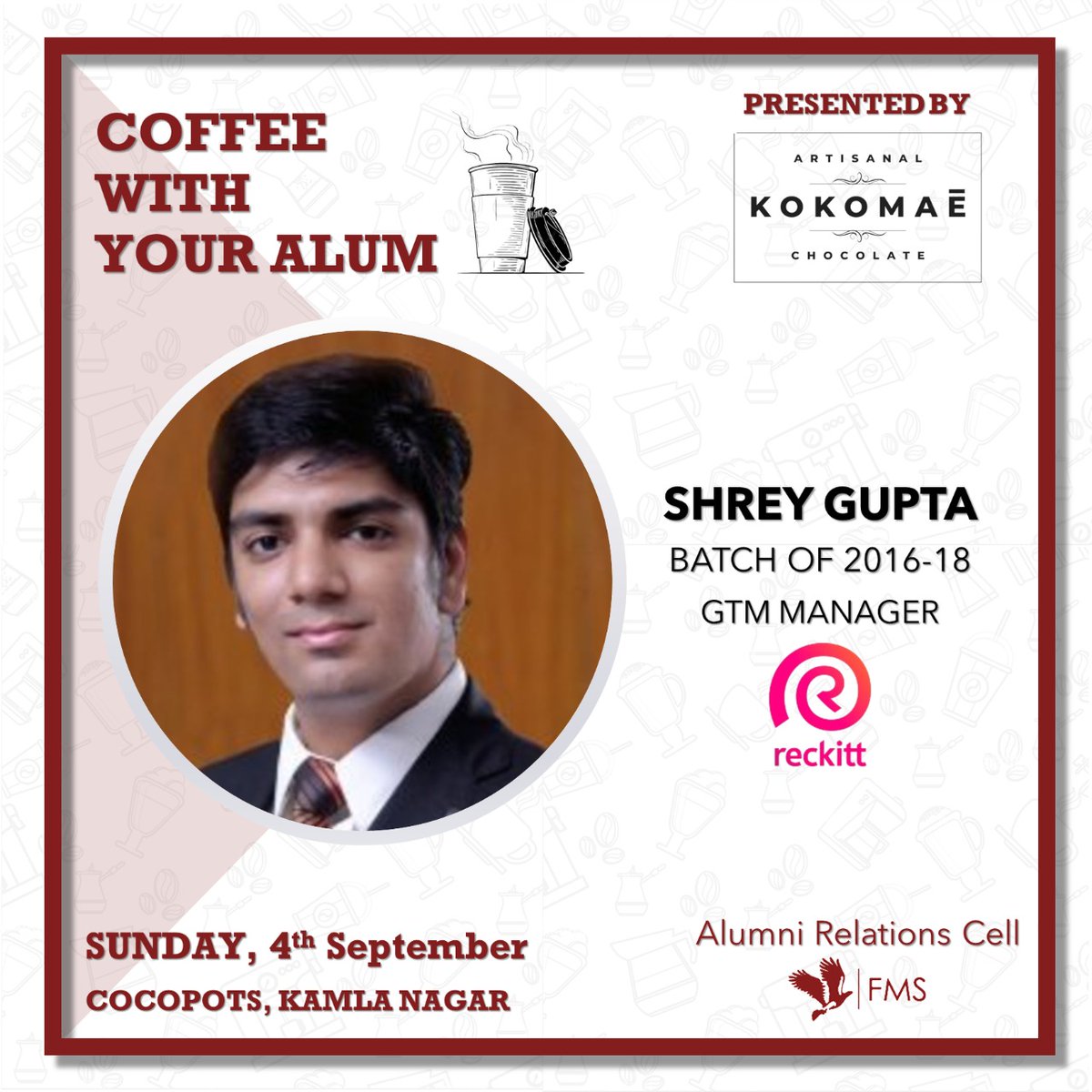 FMSAlumni's tweet photo. 'Coffee With Your Alum' Presented by #KokomaéArtisanalChocolates.
Alumni Relations FMS Delhi organised our fourth offline coffee connect event for this academic year with Mr. Shrey Gupta.
#AlumniRelations #FMSAlumni #RedBuildingofDreams #CoffeeWithYourAlum https://t.co/xuaQgdcmzs