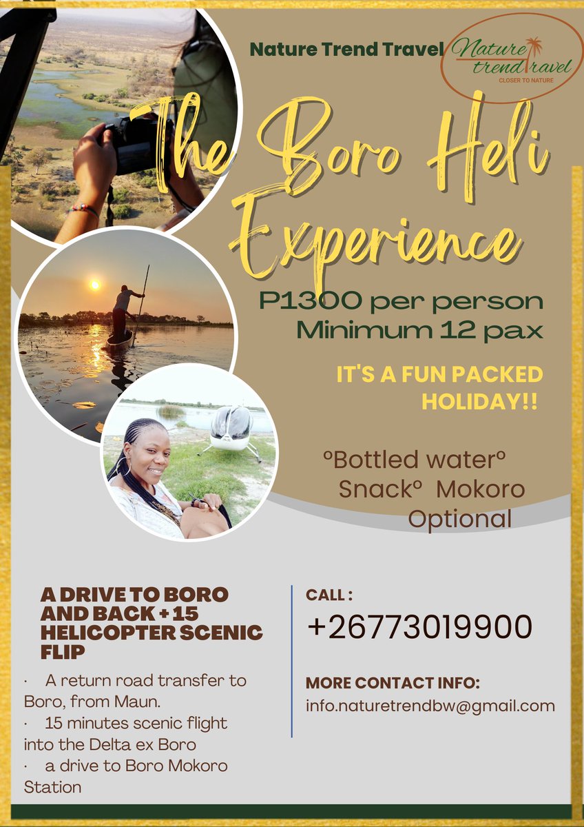 All roads lead to Maun.What do you have planned for the  Independence Holidays? We might just have an activity for you and your friends 🚁🚁🚁
For enquiries and bookings contact +26773019900
Email: info.naturetrendbw@gmail.com