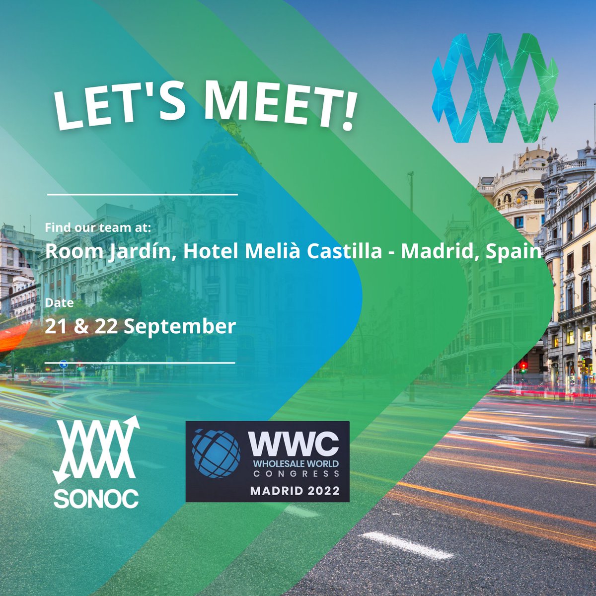 Our team will be present at the Wholesale World Congress in Madrid! Only 2 weeks left to meet again with the communications community. 

Send an email to marketing@sonoc.io to book a meeting. See you there!

#telecom #voice #messaging #cloudnumbers #api #analytics #networking