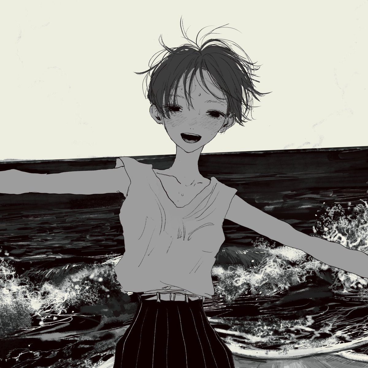 1girl solo monochrome waves greyscale skirt outstretched arms  illustration images