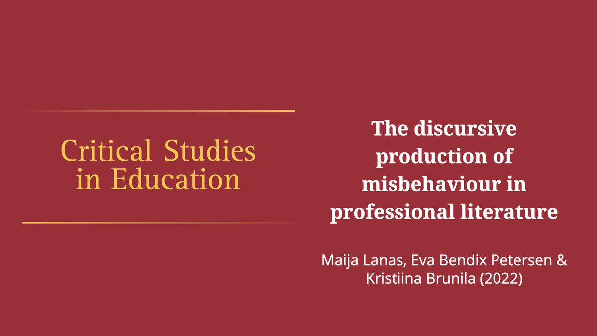From our current issue, @maijalanas, @evabpetersen and @KristiinaBrunil explore how disturbing behaviour is discursively established in the professional literature for teachers seeking help with challenging student incidents. doi.org/10.1080/175084…