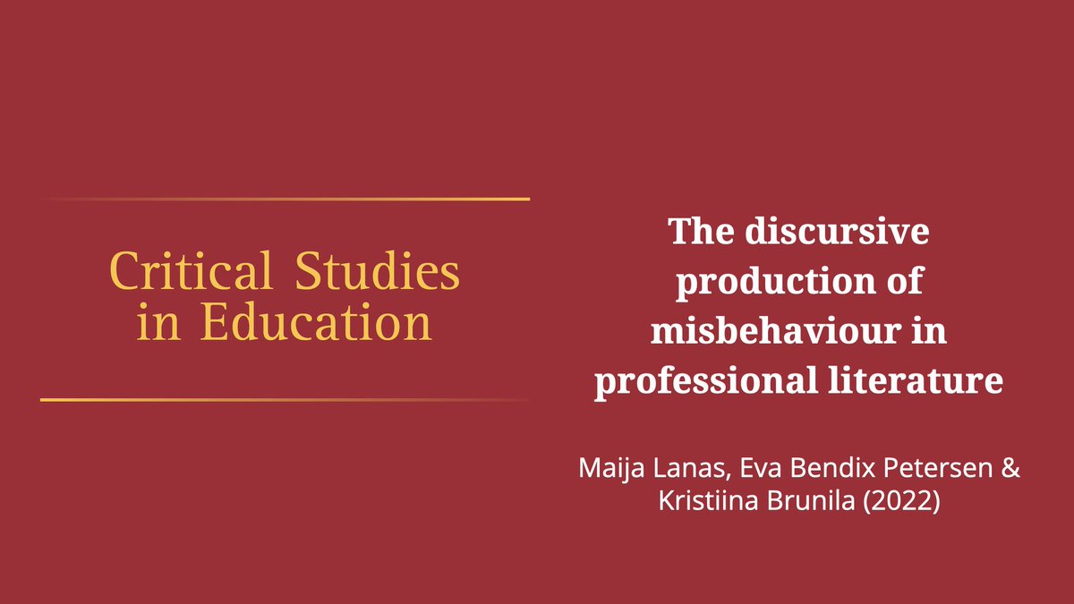Critical Studies in Education (@critstudsed) on Twitter photo From our current issue, <a href="/maijalanas/">Maija Lanas</a>, <a href="/evabpetersen/">Eva Bendix Petersen</a> and <a href="/KristiinaBrunil/">Kristiina Brunila</a> explore how disturbing behaviour is discursively established in the professional literature for teachers seeking help with challenging student incidents. doi.org/10.1080/175084… From our current issue, <a href="/maijalanas/">Maija Lanas</a>, <a href="/evabpetersen/">Eva Bendix Petersen</a> and <a href="/KristiinaBrunil/">Kristiina Brunila</a> explore how disturbing behaviour is discursively established in the professional literature for teachers seeking help with challenging student incidents. doi.org/10.1080/175084…