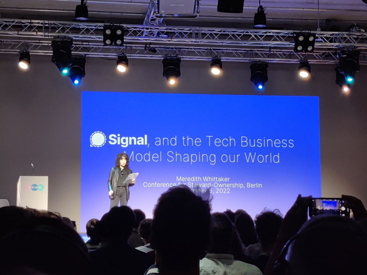 How to maintain tech infrastructure beyond the surveillance business model - inspiring to hear Meredith Whittaker at #ve22, who just announced she is becoming <a href="/signalapp/">Signal</a>'s new president!