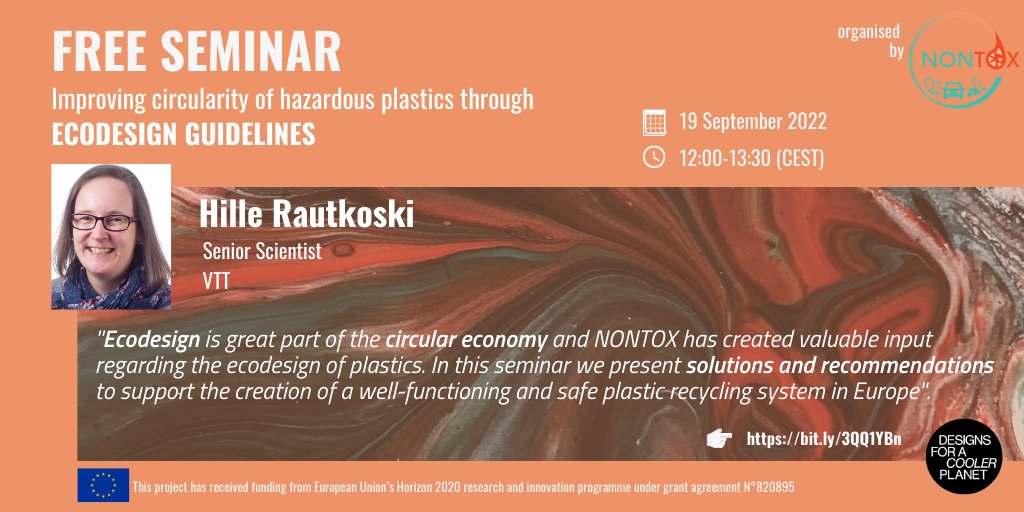 NontoxProject's tweet image. 📌ONLINE SEMINAR | FREE - 19 September 2022 (12:00-13:30 CEST)
🎤@NontoxProject is pleased to introduce you @Hille Rautkoski, NONTOX Project Manager @VTTFinland. Get to know her at the seminar “NONTOX – Improving circularity of hazardous plastics”.

👉bit.ly/3QQ1YBn