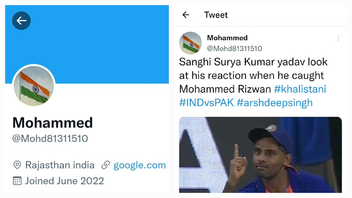 AskAnshul's tweet image. Profile photo: Indian flag.
Location mentioned: Rajasthan.

Tweet with hashtag: Khalistani Arshdeep.

CC: @PoliceRajasthan kindly take action &amp;amp; check whether this account is operating from Rajasthan or from Pakistan.

Archive link: web.archive.org/web/2022090509…