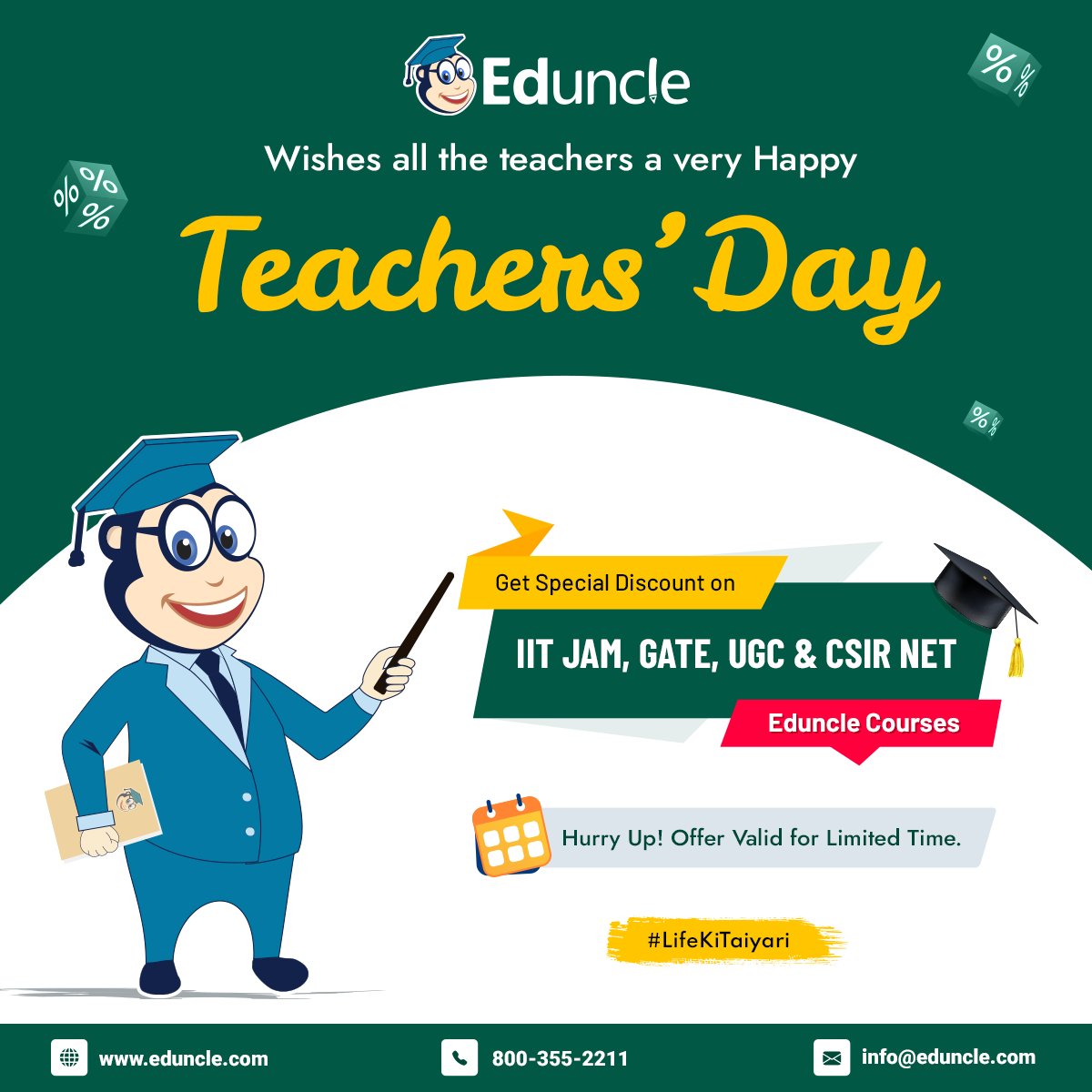 EduncleIndia's tweet photo. Eduncle wishes a very Happy Teacher's Day to all teacher's around us.

On  Teacher's Day, Eduncle is offering special discounts on courses. Grab offer and assure your #Lifekitaiyari

Contact #Eduncle at
☎️ 08003552211
#teachersday2022 #teachersdaywish #eduncle #karolifekitaiyari https://t.co/A6vpD7Inc6