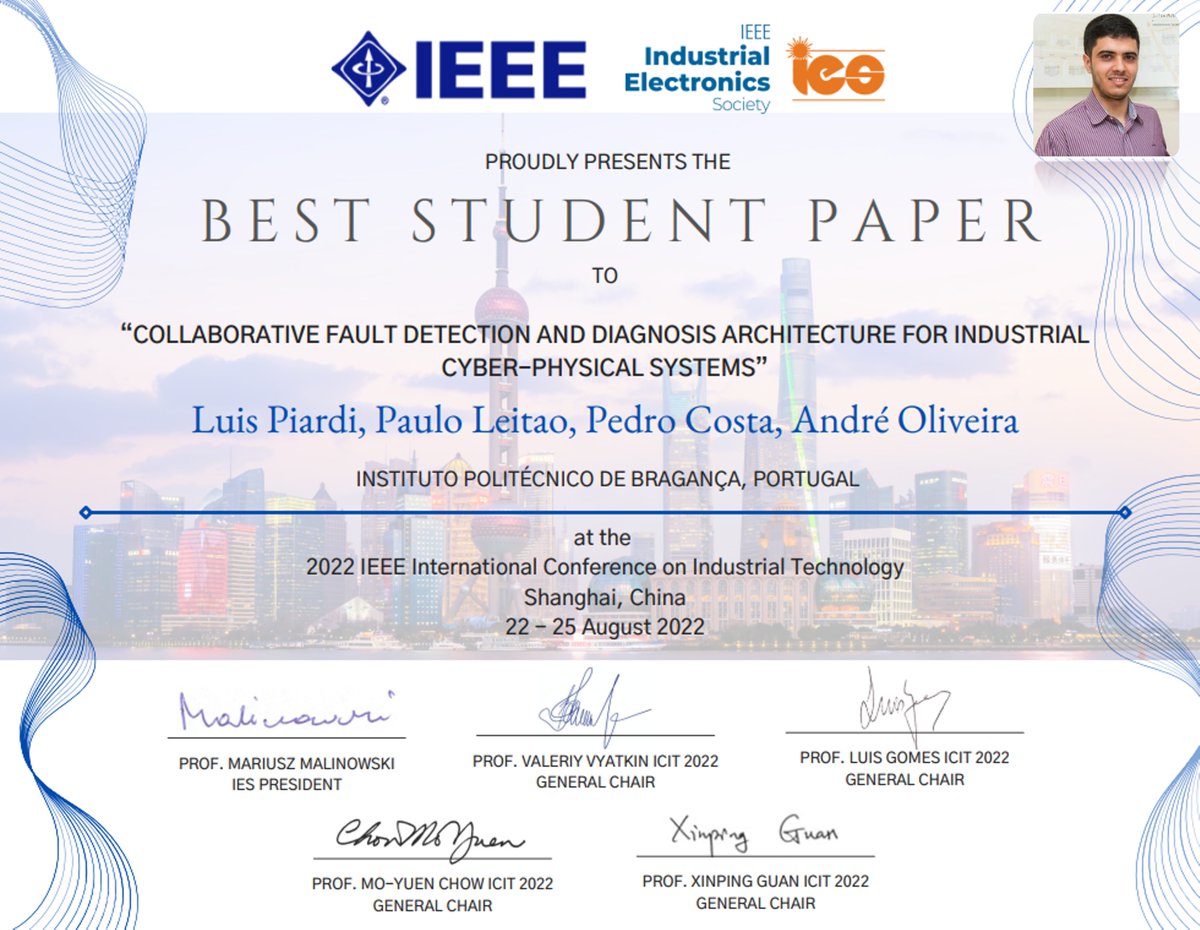 cedri_ipb's tweet photo. Congratulations to Luis Piardi researcher of CeDRI-IPB and PhD student of UTFPR and FEUP. Luis Piardi received the Best Student Paper of the conference with the paper entitled "Collaborative Fault Detection and Diagnosis Architecture for Industrial Cyber-physical Systems". #CeDRI https://t.co/40iWjZpmky
