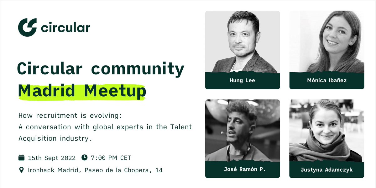 Thursday 15th of September we kick off the new round of Circular Community Meetups in Madrid! 

Haven't booked your seat yet? 
What are you waiting for!? Get them in the link below! 👇
lnkd.in/dRpfNaMW