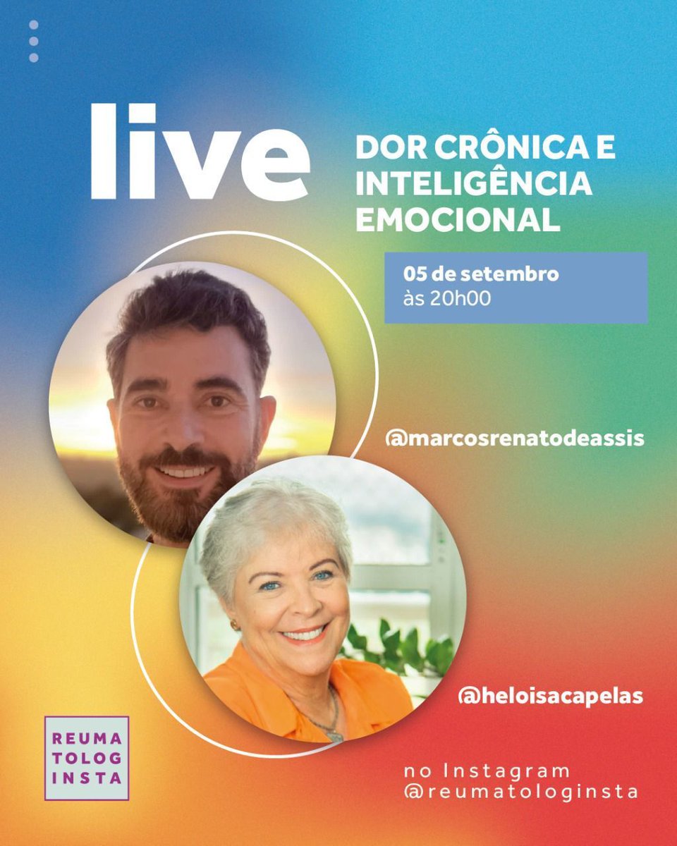 HeloisaCapelas's tweet photo. Você sabia que a Inteligência Emocional é reconhecida como uma forte aliada para o tratamento de Dor Crônica? Hoje, às 20h, estarei em live especial com o reumatologista Dr. Marcos Renato (@marcosrenatodeassis), para falarmos sobre isso. Será no meu instagram @heloisacapelas https://t.co/wBQ3tjGiWW