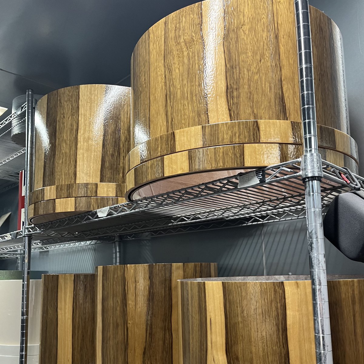 britishdrumco's tweet photo. Lots of Legend Series New Forest kits making their way through the factory this week 🇬🇧🥁

#britishdrumco #manufacturing #manufacturinguk #drumfactory #spraybooth #sprayboothlife #finishing #woodfinishing #drumkits #drumsets https://t.co/MF9kEYOCtH