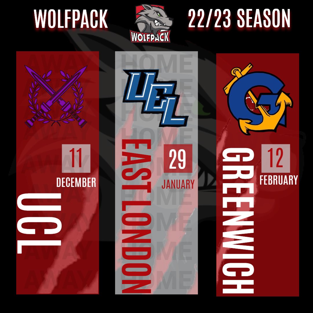 *WOLFPACK FIXTURES 21-22*

Sunday 30th October - Canterbury Away
Sunday 6th November -  Kingston @ Home
Sunday 20th November - Kings College @ Home
Sunday 11th December - UCL Away
Sunday 29th January - East London @ Home
Sunday 12th February - Greenwich Away

#BackTheCityPack