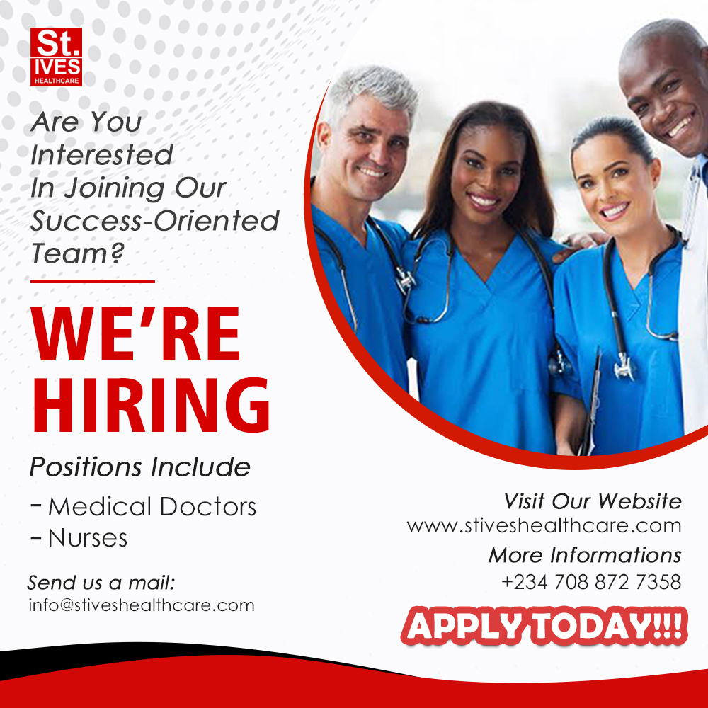 stives_hospital's tweet photo. Vacancy!!! Vacancy !!! Vacancy !!!
Are you interested in joining our success-oriented team?
The opportunity is here now!!!
Send us a mail: info@stiveshealthcare.com
#gistlovers
#tundeednut
#tobiamusan
#abakyari
#RemiTinubu
#sanwoolu https://t.co/ERcEF0SUrs