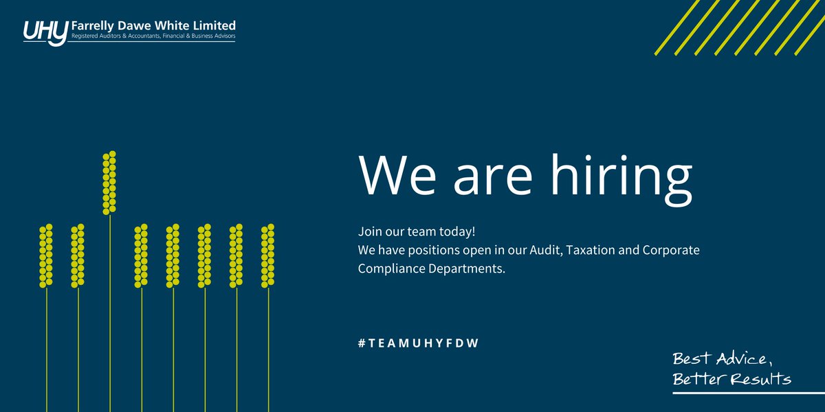 We are hiring! We now have positions open for:

Audit Manager
Audit Senior
Tax Compliance Manager
Assistant Tax Compliance Manager
Tax Assistant
Payroll Administrator
Senior Company Secretary
Junior Company Secretary

Find out more: eu1.hubs.ly/H01FjNW0 
Join #TEAMHUYFDW