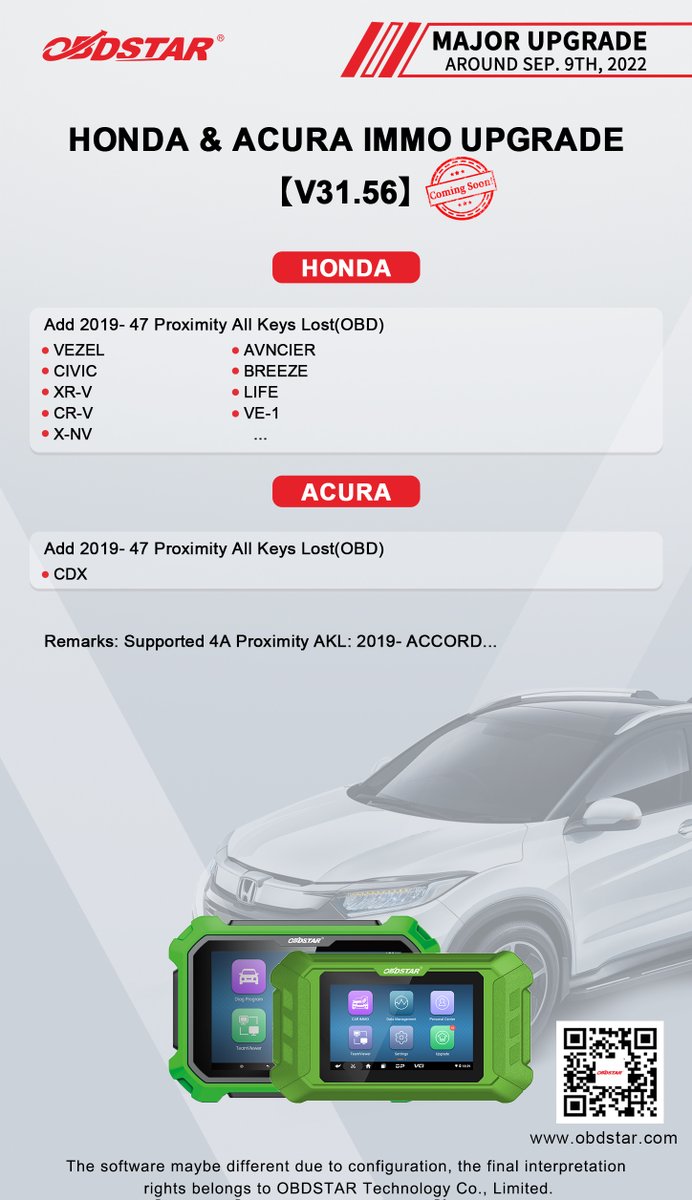 ObdstarTec's tweet photo. #OBDSTAR #Car #IMMO #ComingSoon
#MajorUpgrade
HONDA &amp; ACURA IMMO UPGRADE【V31.56】
TOYOTA &amp; LEXUS IMMO UPGRADE【V32.70】

#Immo #antitheft #immoblizer #keyprogramming #KeyMasterDpPlus #KeyMaster5 #autorepair #locksmiths #HONDA #TOYOTA https://t.co/oVRS6GvXep