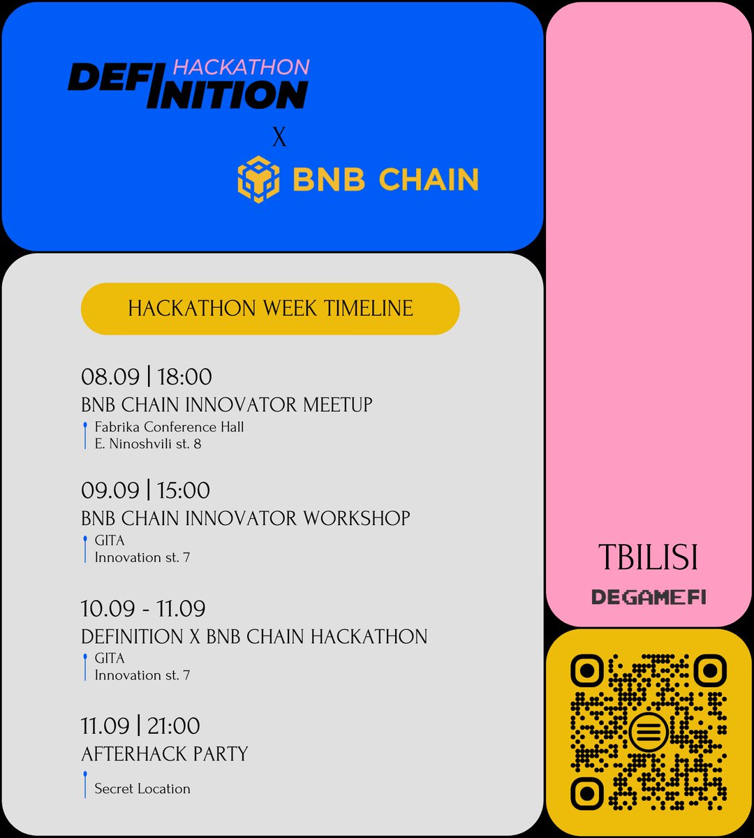 Happy Monday everyone! 👋

Let's get the Hackathon week started 💥

Mark your calendars 🚀 

8 Sept - Meetups with <a href="/BNBCHAIN/">BNB Chain</a>
9 Sept - Workshop with <a href="/BNBCHAIN/">BNB Chain</a> 
10-11 Sept - Hackathon 
11 Sept - Afterhack party 🎉

Don't miss your chance &amp; Register for the hackathon🚀