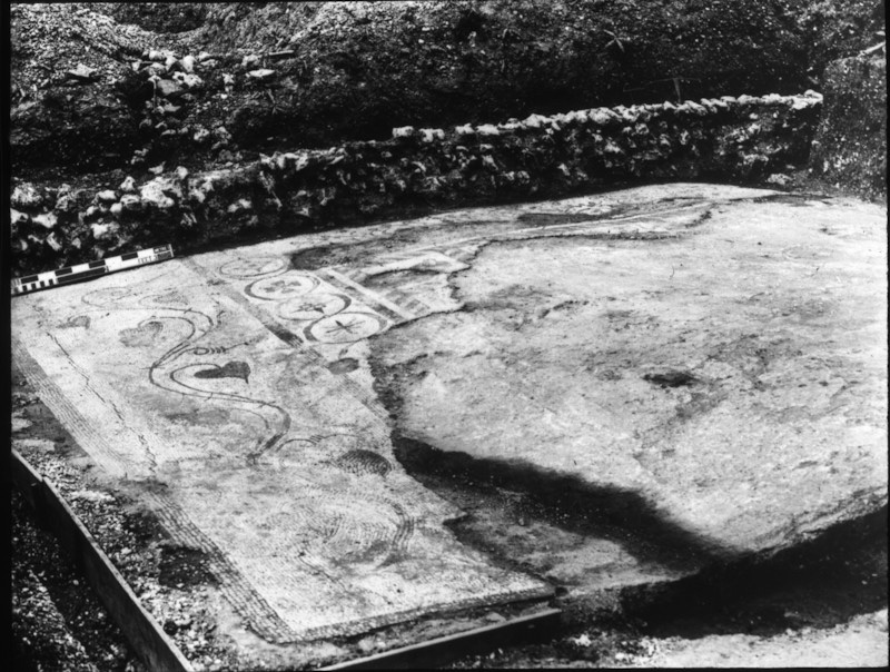 HeirOxford's tweet photo. Mosaic with ivy tendrils and roundels emerging from under a later floor at #Roman Silchester during the 1890-1909 @SocAntiquaries excavations
#MosaicMonday
HEIR 62163 @school_of_arch #lanternslide https://t.co/IvuT93KmM8