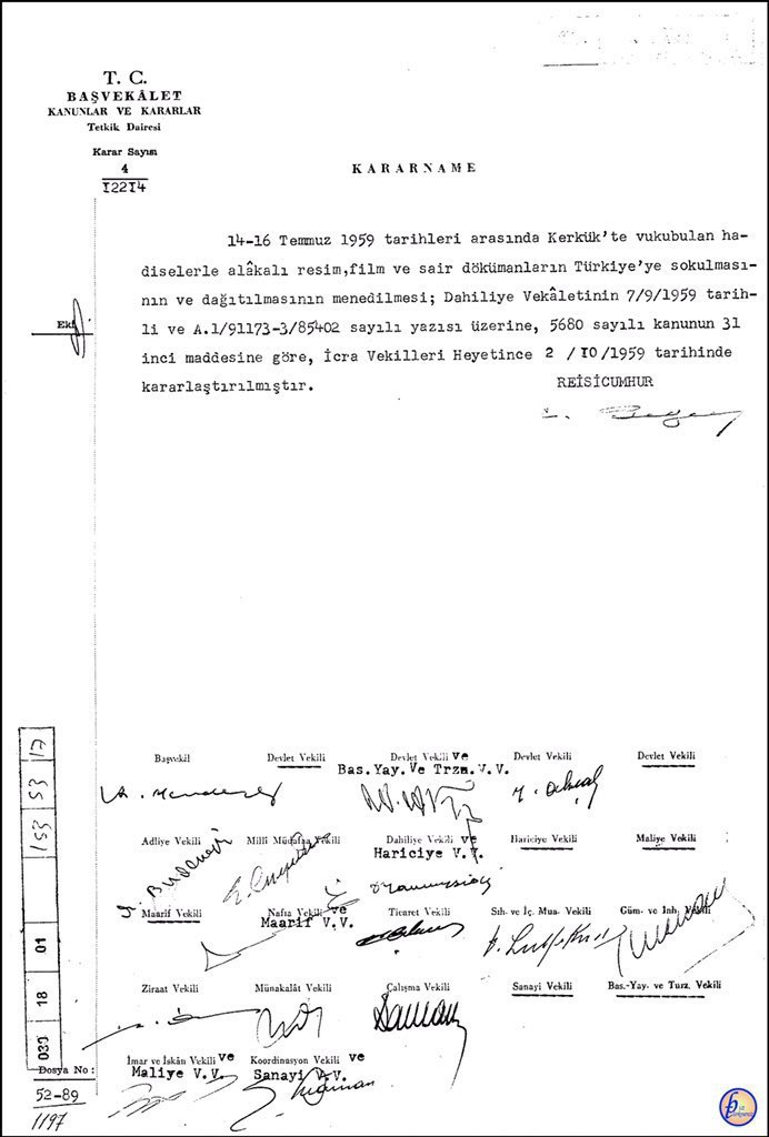 llmkyll's tweet photo. Atsız ve Irak Türklüğü...

Hüseyin Nihal Atsız beyin unutulmayacak hizmetleri sadece Türkiye'ye değil tüm Türk dünyasına olmuştur. 
Mesela 14 Temmuz 1959 katliamı düzenlendiği sırada Cumhurbaşkanı Celal Bayar ve Başbakan Adnan Menderes dahil tüm bakanların imzası bulunan + https://t.co/t4CSeHjZOw