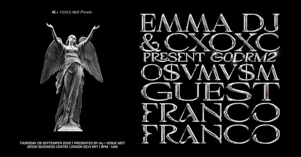 Paris x Bristol x Prato 
Thursday 29 September 2022
Emma DJ + CXOXC Present g0drm2 [LIVE] 
O$VMV$M [LIVE] 
FRANCO FRANCO [LIVE] 
GUEST [DJ] 
Presented by diy + venuemot
buff.ly/3ARvcc2 
<a href="/doyouhavepeace/">do you have peace?</a> 
#live #qualityoverquantity #supportyourlocaldealer #NTS
2w