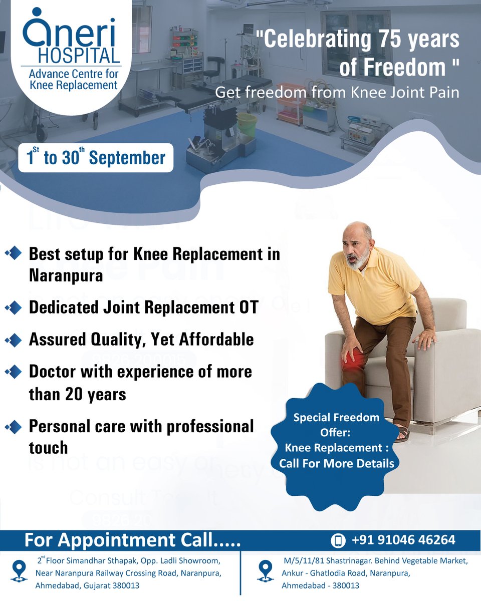 anerihospital's tweet photo. ! ! KNEE REPLACEMENT ! !

Best setup for knee Replacement 
Dedicated Joint Replacement OT
Doctor With Experience Of More Than 20 Years
Personal care With Professional Touch

#anerihospital #kneereplacement #happypatients  #dryakshatshah #drpurvishah #arthroscopysurgeon https://t.co/1vUd9Oyqae