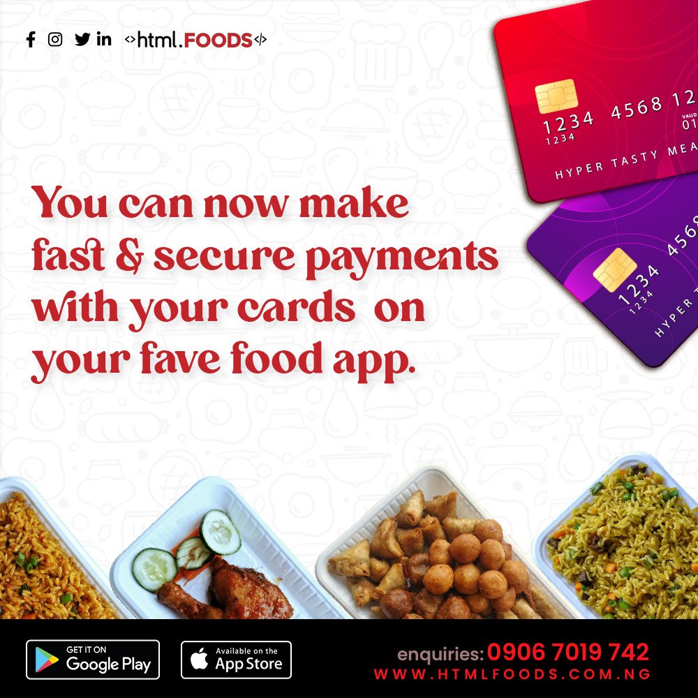 htmlfoods's tweet photo. You can now make fast and secure payments with your cards on the HTML FOODS APP.
We are dedicated to serving you better.
#htmlfoods #htmlfoodsapp https://t.co/l0jTE5bBoa