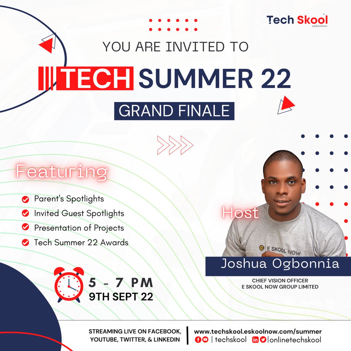 techskooledu's tweet photo. Tech Skool is inviting you to the Tech Summer 22 Grand Finale happening on Friday, 9th of September, 2022 by 5-7 PM.
This event will be streaming live on Facebook, YouTube, Twitter and LinkedIn
For More Enquiries
Call - 07030582409
Chat - 09030181365
#techskool #techsummer22 https://t.co/CDLvkvqQdh