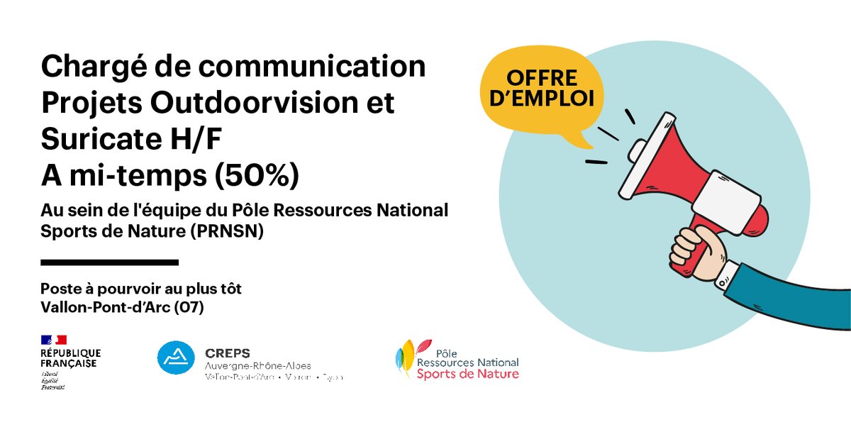 Le <a href="/crepsvpa/">CREPS Rhône-Alpes</a> recrute pour le <a href="/prnsportsnature/">PRN Sports de nature</a>  (PRNSN), 1 chargé(e) de #communication pour le déploiement du plan de communication 2022-2023 des dispositifs #Outdoorvision et #Suricate.
Contrat à 50 % d’1 an.
Détails de l'offre > urlz.fr/j6SG