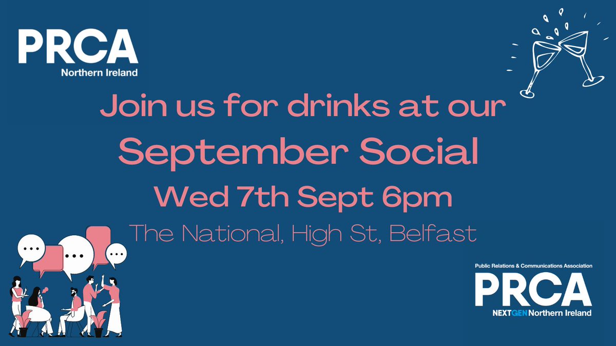 PRCA NI (@prca_ni) on Twitter photo Members and friends, join us THIS Wednesday for a drink and catch up on all things PR in NI!
<a href="/PRCA_NextGenNI/">PRCA NextGen NI</a> #SeptemberSocial Members and friends, join us THIS Wednesday for a drink and catch up on all things PR in NI!
<a href="/PRCA_NextGenNI/">PRCA NextGen NI</a> #SeptemberSocial