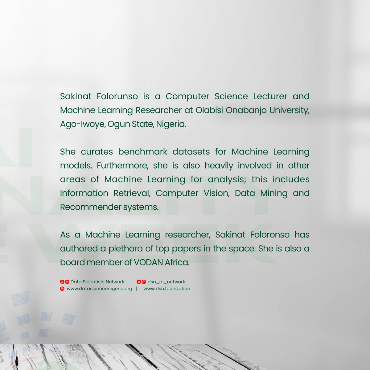 Our AI Personality of the week is <a href="/SakinatTijani/">Sakinat Folorunso</a>.

She is a Computer Science Lecturer at Olabisi Onabanjo University, Ogun State, Nigeria.

She is also a machine learning researcher who has written many top papers in the field and is a board member of <a href="/VodanAfrica/">Vodan Africa & Asia</a>.