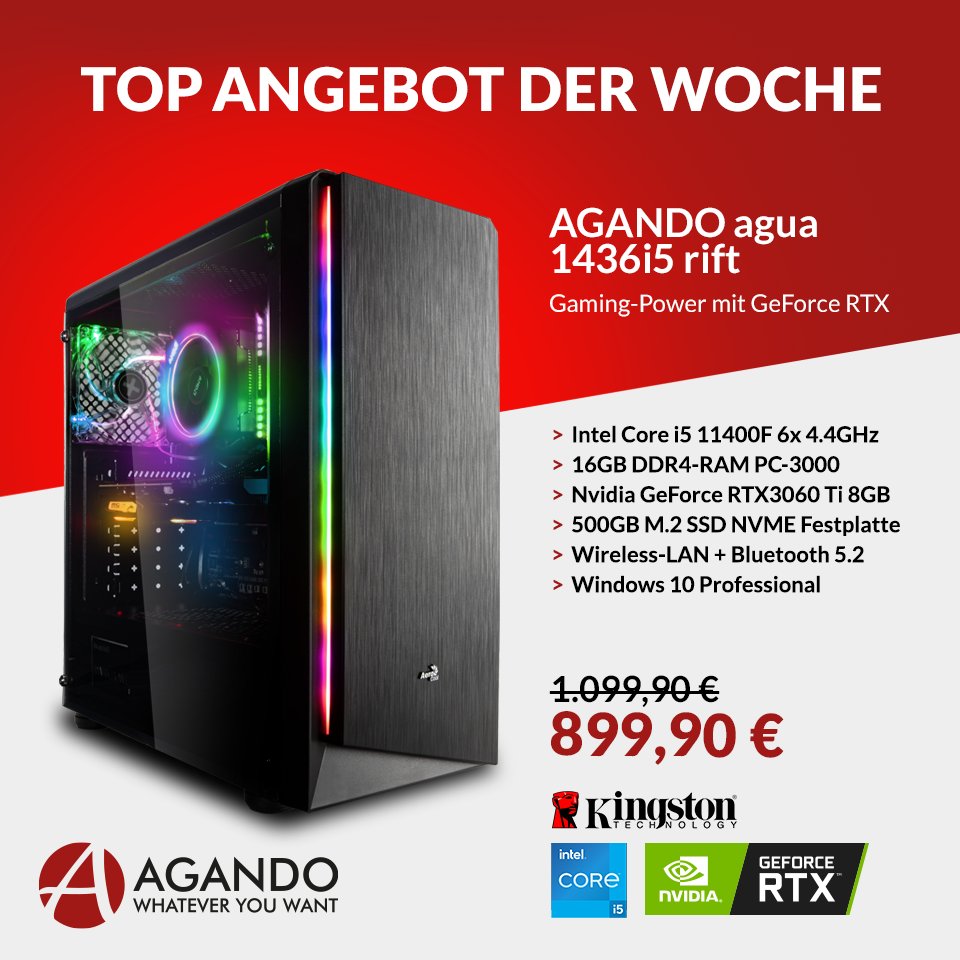 AgandoComputer's tweet photo. Unser neues #TopAngebot der Woche ist ab jetzt verfügbar! >>> https://t.co/OJaibCmh07
#Gaming-Power zum kleinen Preis. Jetzt mit #Intel Core i5 11400F, 16GB RAM, GeForce #RTX3060 Ti und 500GB M.2 in die neuesten #Spielewelten eintauchen.
#AGANDO #agandocomputer #GamingPC #PCMR https://t.co/fsDOtDhEJF