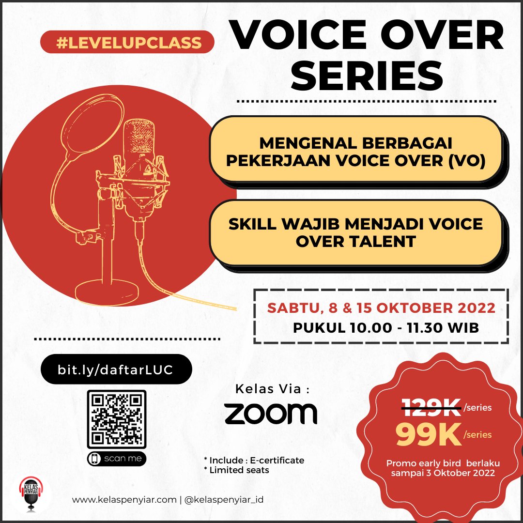 kelaspenyiar_ID's tweet photo. #LevelUpClass : Voice Over Talent is Backπ₯
Belajar voice over via ZOOM online bareng mentor2 voice over profesional.
Series 1 : Mengenal berbagai pekerjaan voice ovee (VO)
Series 2 : Skill wajib menjadi voice over
Daftar sekarang! https://t.co/IxYycYOCNJ https://t.co/dgQ4Eelslb