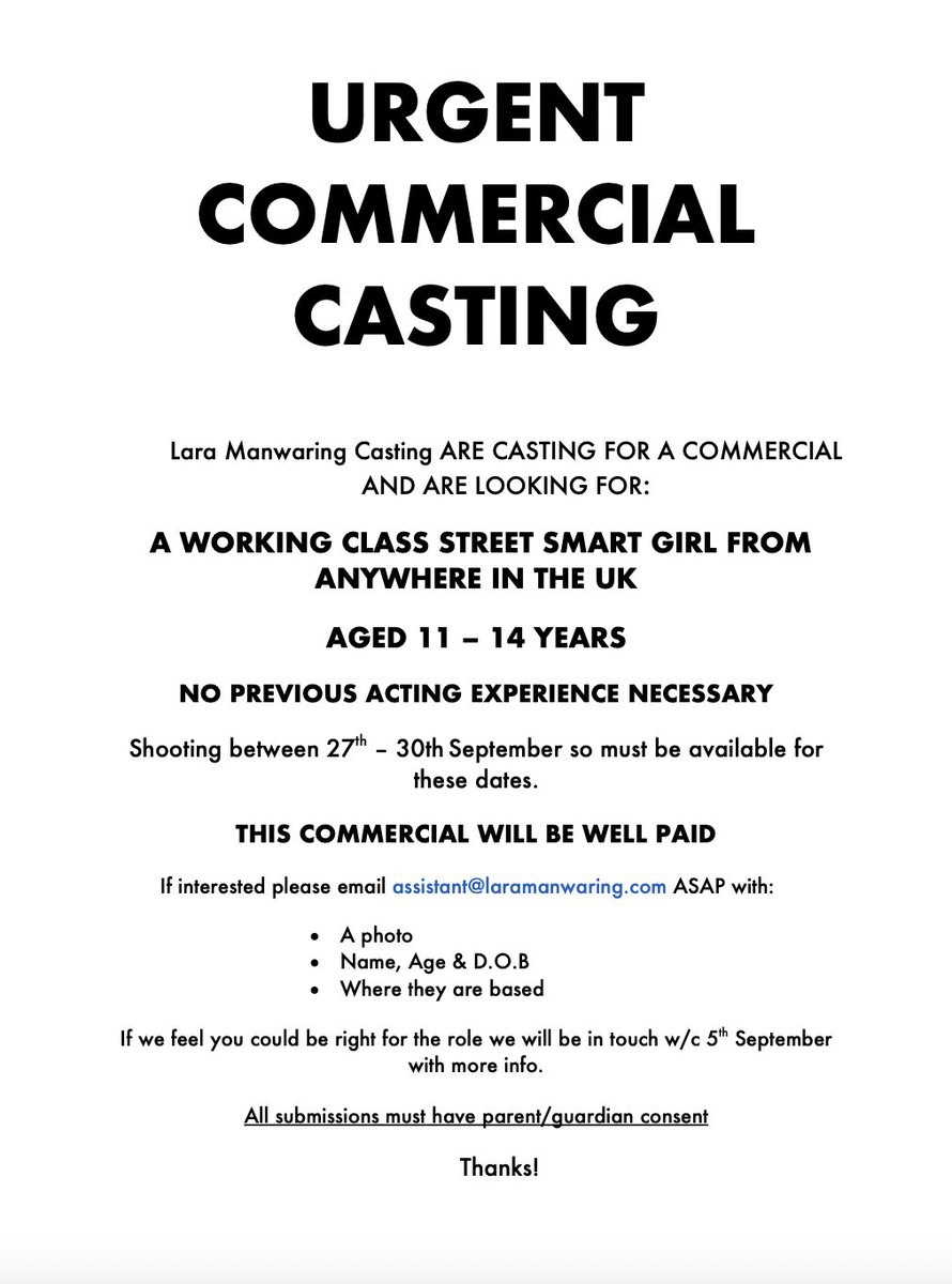 Still looking for a working class 11 - 14 year old girl.  Please share thank you!