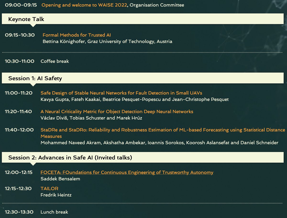 WAISE_AIsafety's tweet photo. 🔐⚙️#WAISE22 starts tomorrow at 0900 CEST⌚️. It includes a keynote on "formal methods for trusted AI", technical sessions on AI Safety, invited talks from the @eu_tailor, @ConfianceAI, FOCETA &amp; @SESAME_MRS projects, and a community debate session. See: https://t.co/WwTHAdqNvP🛑 https://t.co/Bb3OgHAk7N
