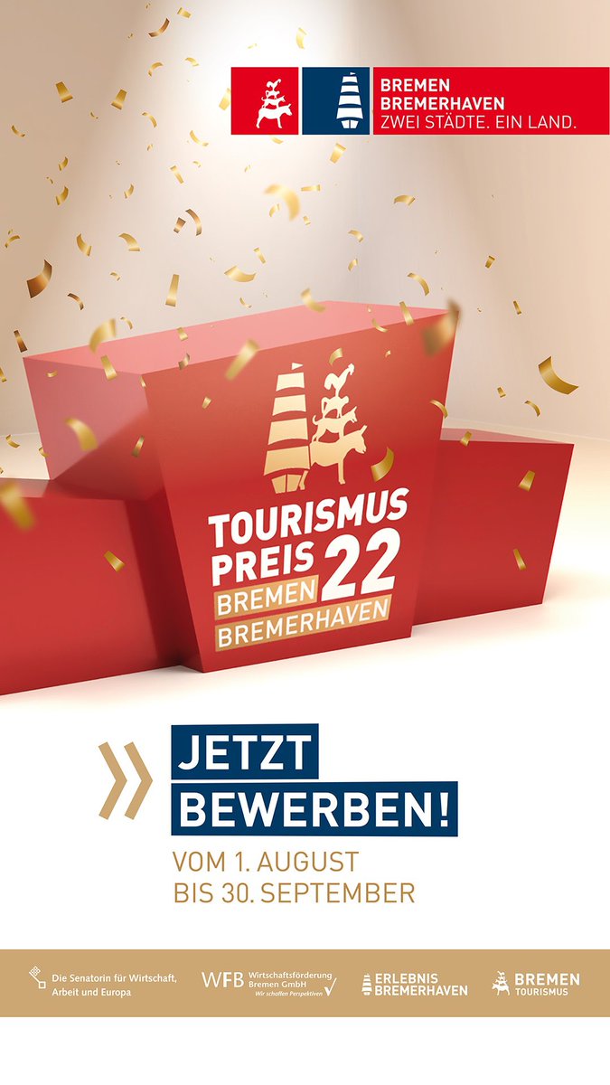 Zukunftsfähiger Tourismus? Innovative Lösungen? Kreative Umsetzungen? Für den Tourismuspreis Bremen und Bremerhaven suchen wir genau diese nachhaltigen, kreativen und vor allem innovative Tourismus-Lösungen. Es winken 10.000€ Preisgeld. Mehr dazu hier: tourismustage-landbremen.de/tourismuspreis/