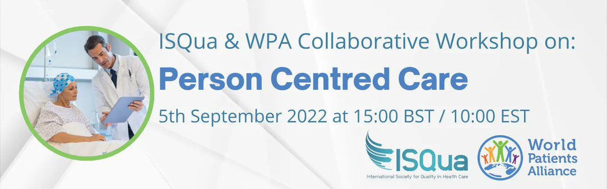 There is still time to register for the <a href="/ISQua/">ISQua</a> &amp; <a href="/WorldPatients/">World Patients Alliance</a> joint workshop on Patient-Centred Care - 5th Sept at 10:00 am EST / 15:00 BST
Speakers include <a href="/carsten_eng/">Carsten Engel</a> <a href="/AndrewRSpiegel/">Andrew Spiegel</a> Paul Batalden <a href="/ChirengaRebecca/">Rebecca Tendai Chirenga</a> <a href="/Jibberydo/">John Brennan</a> <a href="/Tamorishprof/">TAMORISH KOLE</a> &amp; more! us06web.zoom.us/meeting/regist…