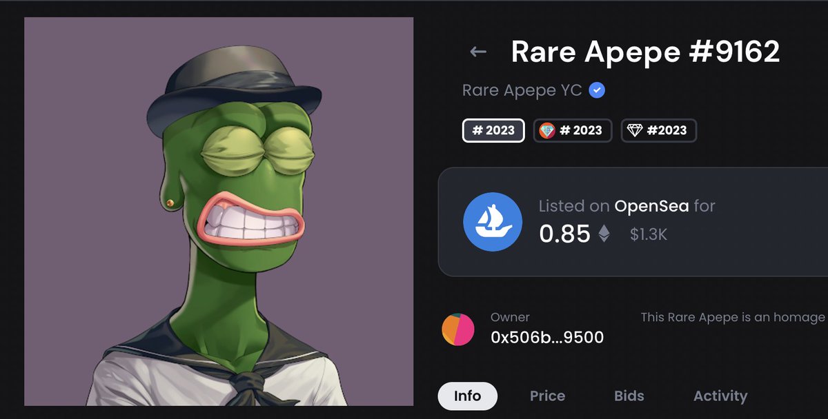 delbrok0's tweet photo. The last purchase is more of a symbolic one. Here's to Rare Apepe's future as a collection, as a community, as meme culture. I purchased Apepe #2023 because I wanted you to know that I'll still be here in 2023.  Together,we will build one of the strongest communities! #RAYC 400 https://t.co/c7Cda379yF