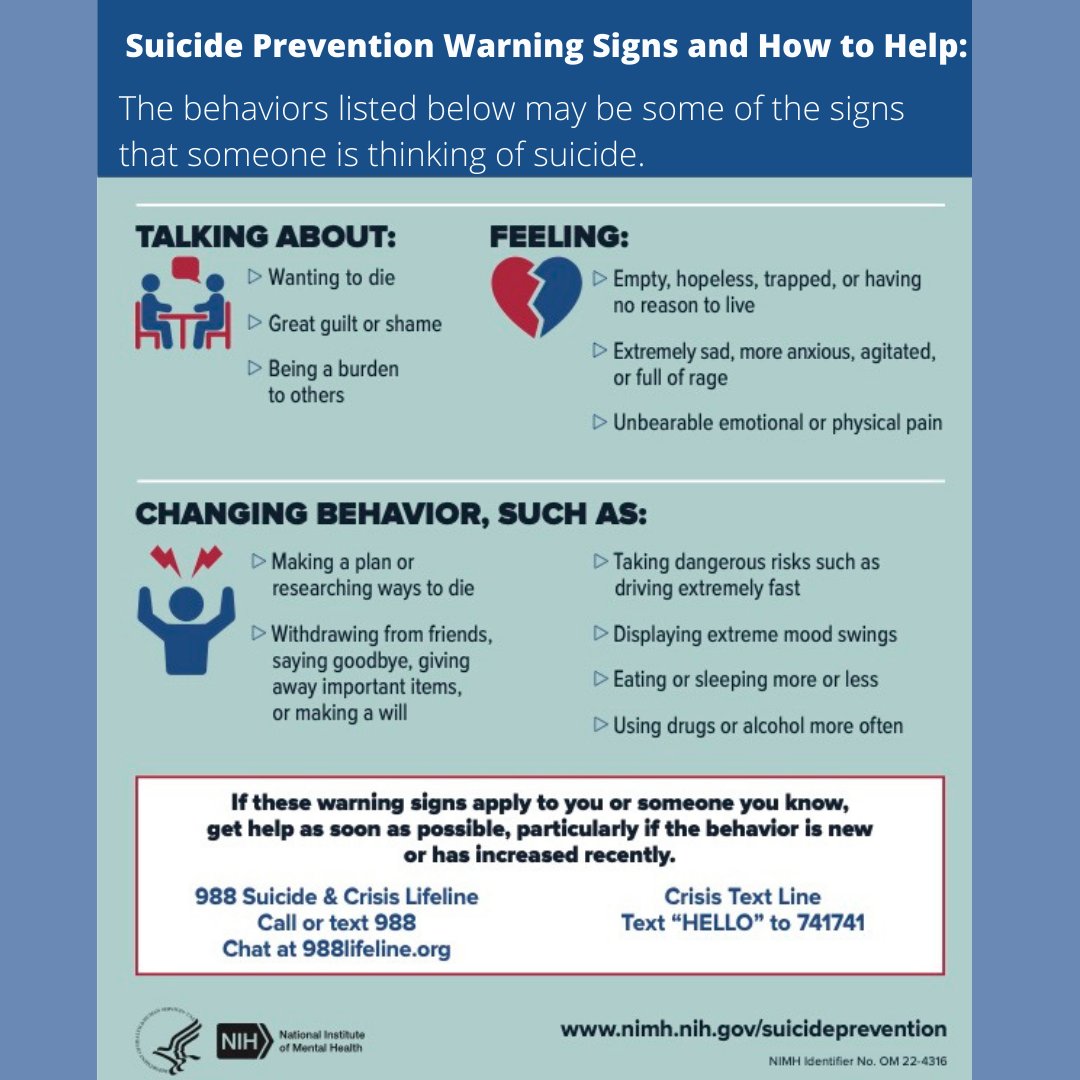 This Suicide Prevention Week, learn about the warning signs and how to help someone in need. Together we can work towards hope and healing. 

For help with thoughts of suicide call or text 988. 

#SuicidePrevention #MentalHealthMatters