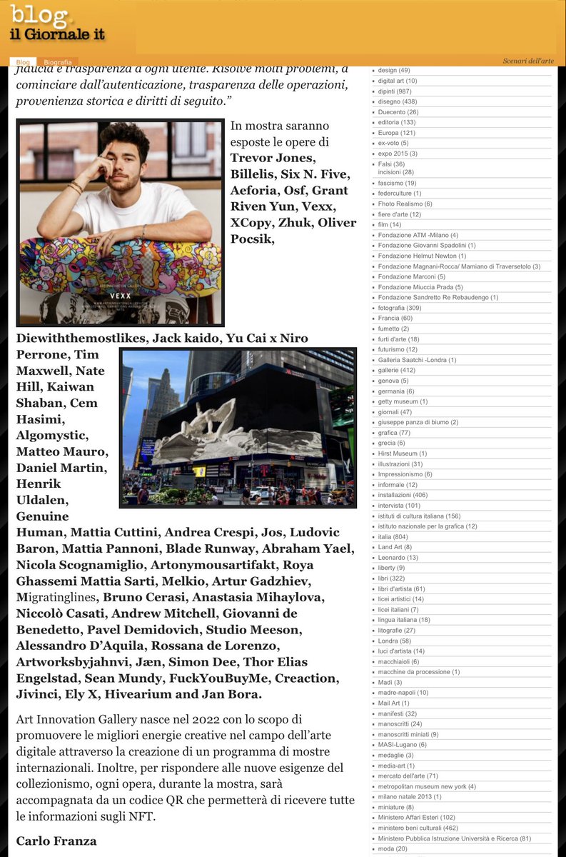 Today on Italian news <a href="/ilgiornale/">ilGiornale</a> 📰 
<a href="/vexx_art/">vexx</a> and <a href="/trevorjonesart/">Trevor Jones 🎨</a> 🙌 
<a href="/niroperrone/">Niro Perrone</a> <a href="/mattmaurostudio/">Matteo Mauro</a> <a href="/BrunoCerasiArt/">Bruno Cerasi</a> <a href="/andcrespi/">ANDREA CRESPI</a> <a href="/XCOPYART/">XCOPY 🏴</a> and more amazing artists 
So happy to be involved ❤️ thanks <a href="/ArtInnovationG/">Art Innovation</a>