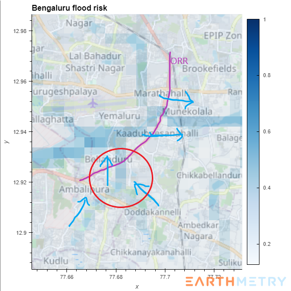 The ORR/Sarjapur road is a peculiar case. The flow is locally northward from Sarjapur road and crosses the ORR (pink line). The water then accumulates and has to move eastward, again crossing the ORR!

Due to heavy development these flows are all choked resulting in floods!

3/n