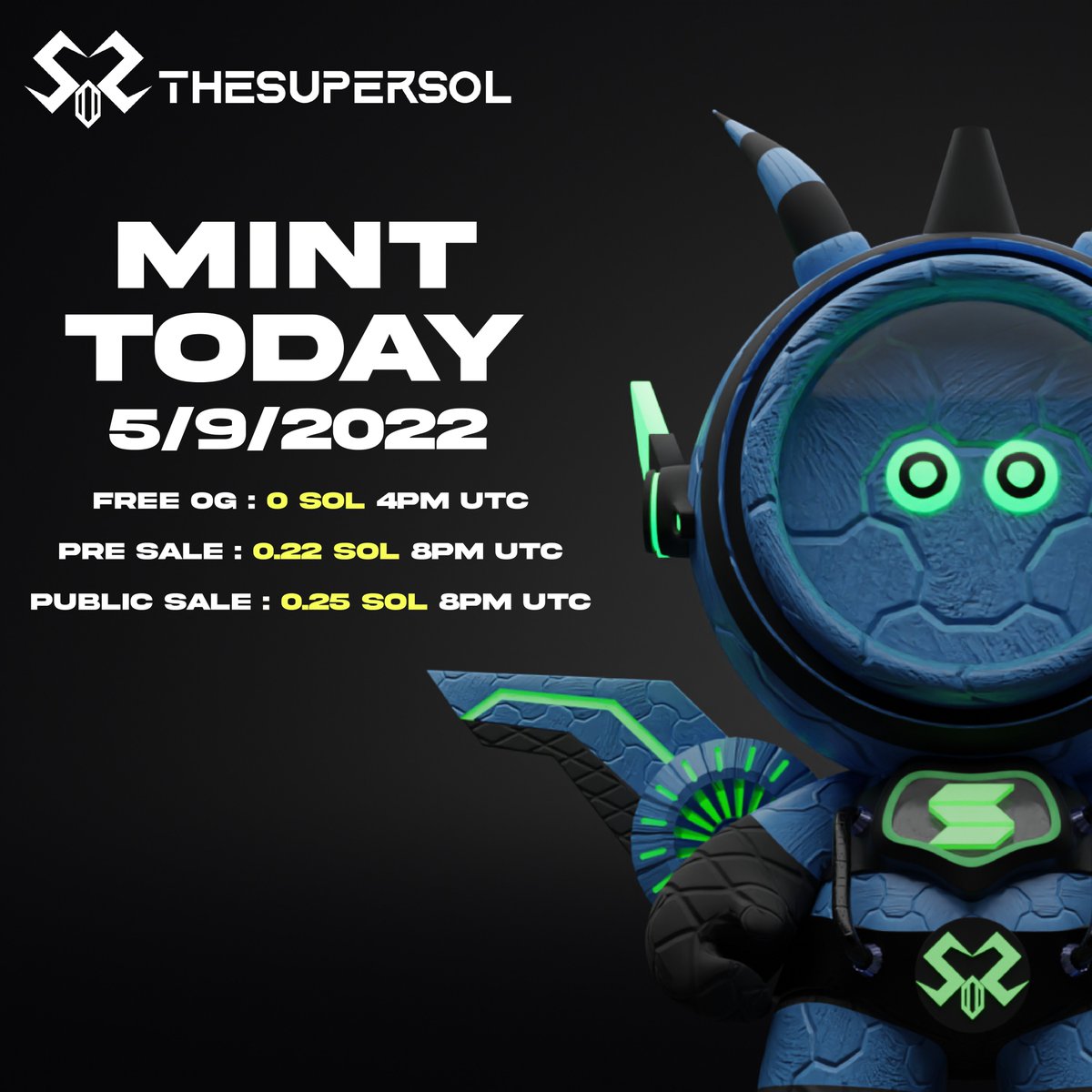 🚀🚀🚀🚀
TheSuperSOL
5 hours to mint.

🎁GiveAway🎁

Prizes: 
🏆2x FREE MINT
🏆5x WL

To Enter:
1⃣Follow <a href="/the_supersol/">TheSuperSOL  MINT LIVE (0.089)</a>
2⃣RT + hastag #mintoday #thesupersol #superarmy + ❤️ &amp; Tag 3 Friends 
3⃣Join Discord: discord.com/invite/4xCJHDD…

🔔5 Hours🔔
#SolanaNFTs #NFTGiveaway #mintoday