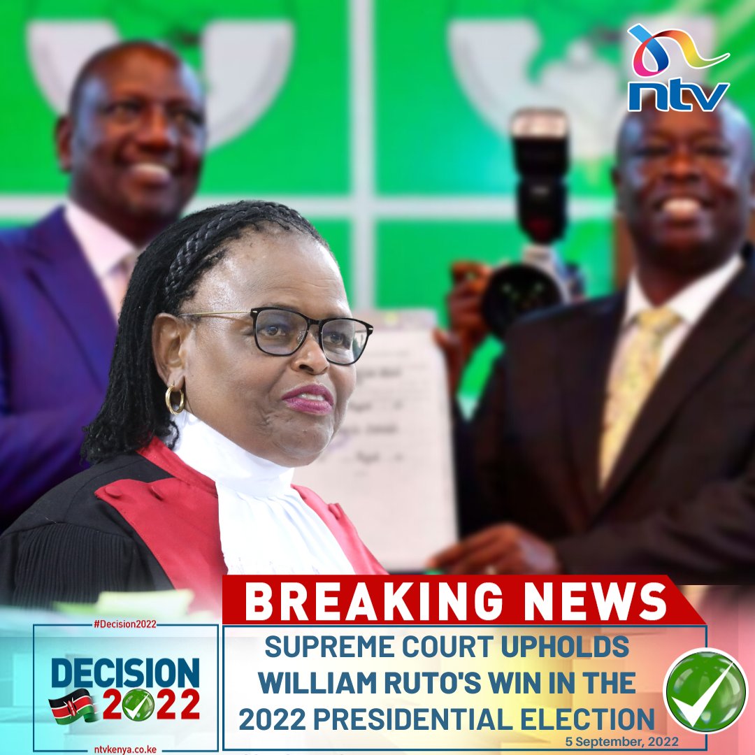 ntvkenya's tweet photo. BREAKING: Supreme Court upholds William Ruto's win in 9 August, 2022 presidential election. https://t.co/CnPwe59gPo