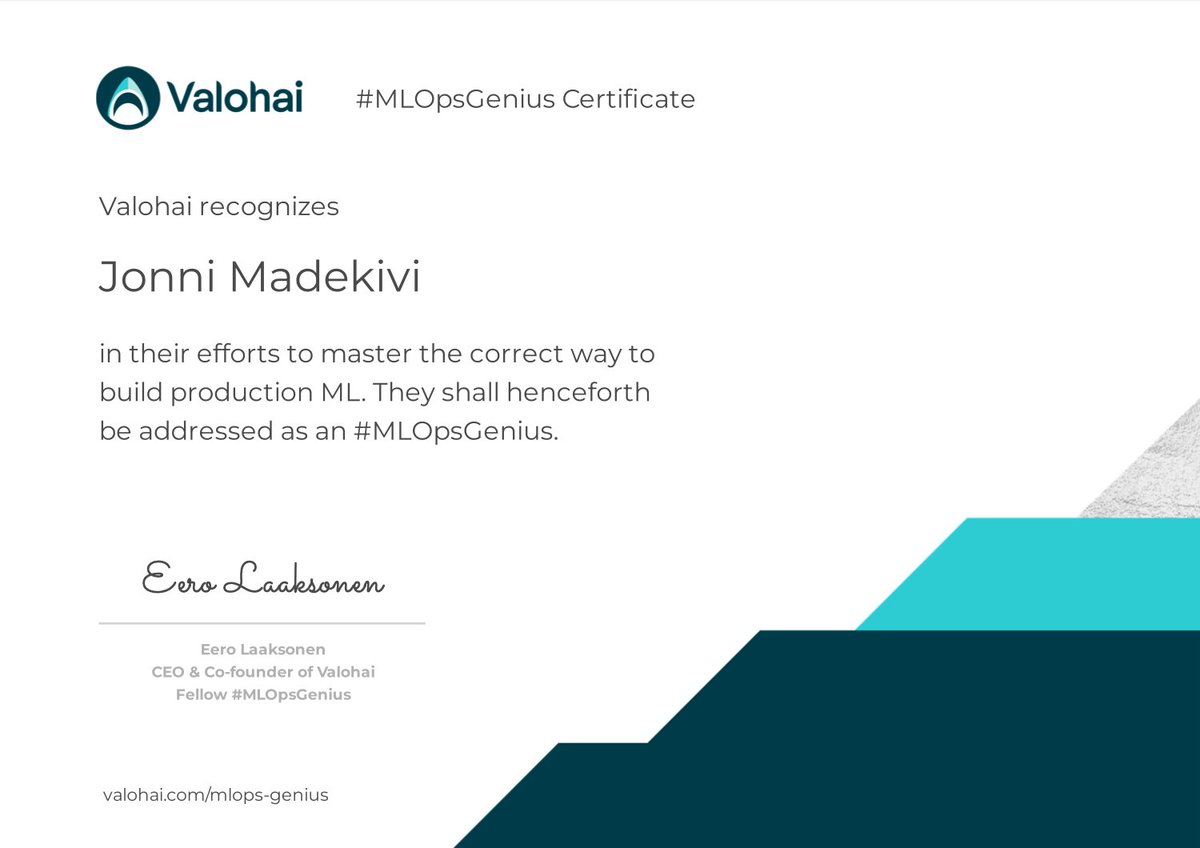 JonniMadekivi's tweet photo. I'm a #MLOpsGenius 🥳!
Thanks #Valohai. https://t.co/DbmjmPcHkn