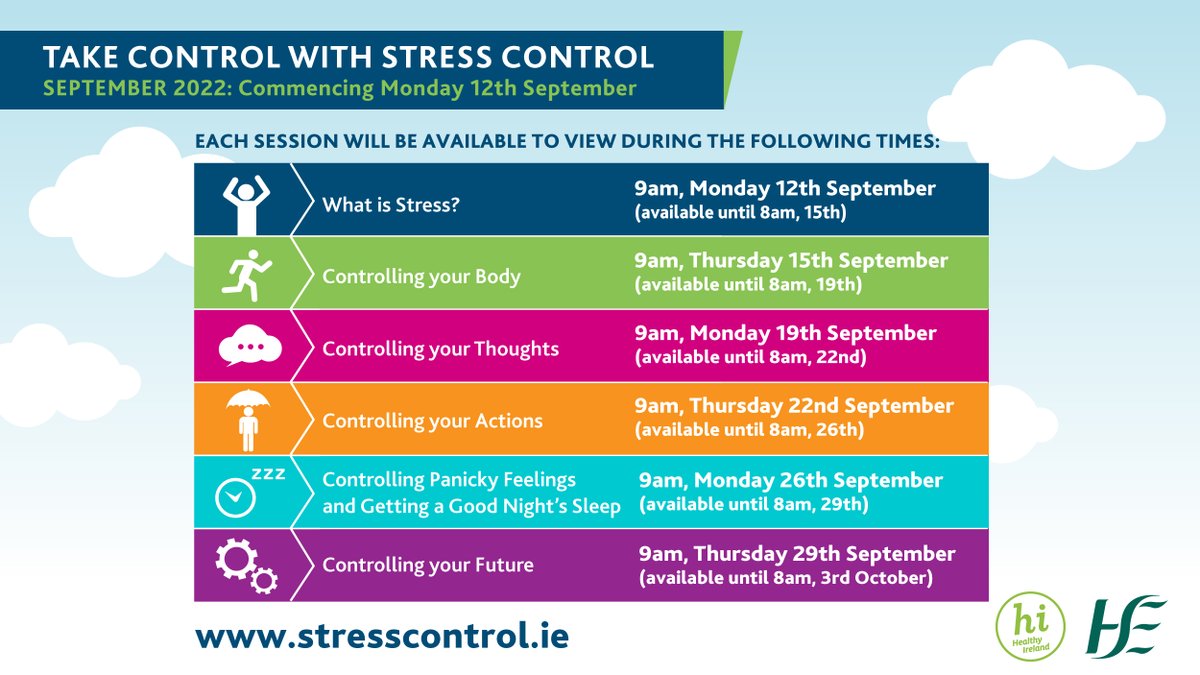 Stress Control is available again from next Monday as per the timetable below. Please share and have a look yourself on stresscontrol.ie for the videos and the free resources for mental health and wellbeing. #mentalhealth #HealthyIreland #Stress