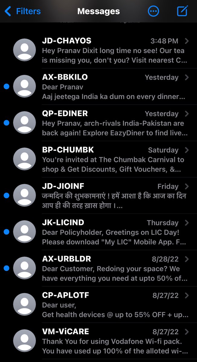 PranavDixit's tweet photo. SMS inbox after two weeks in India. Text spam is a crisis no one is talking about. https://t.co/0Lw0PM61AU