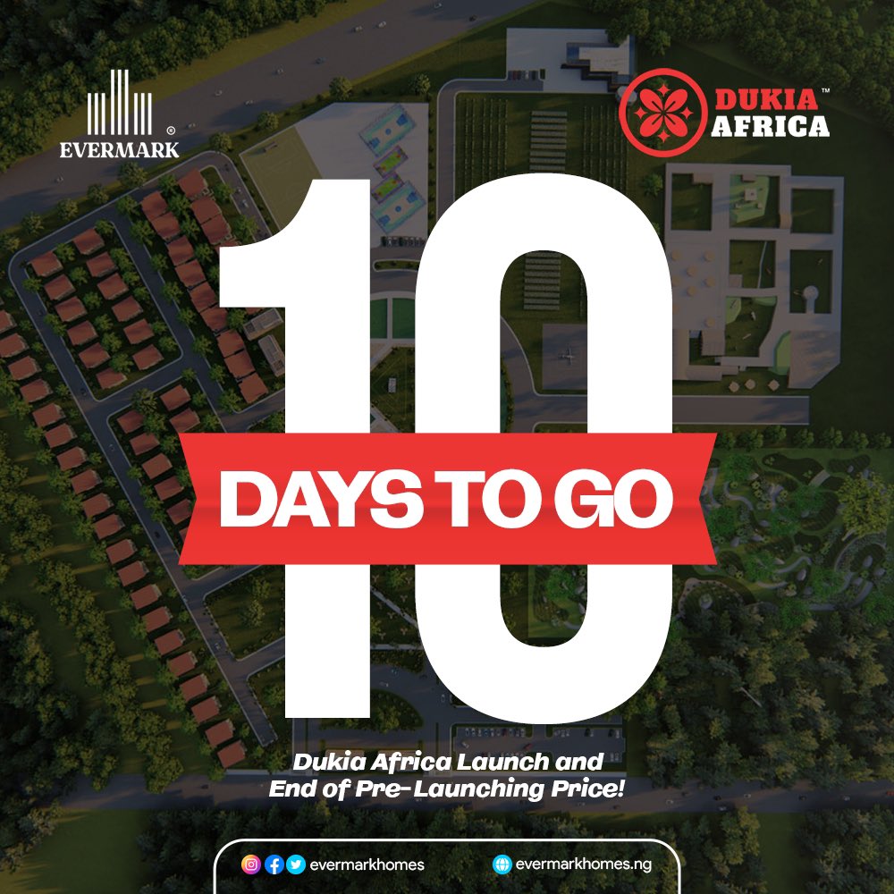 evermarkhomes's tweet photo. We are glad to announce that the countdown for the launching of Africa’s biggest resort estate as begun.

Furthermore, the launching will also kickstart the launching price.

Keep pushing DUKIA AFRICA!

#evermarkhomesandproperties 
#dukiaafrica https://t.co/y8Er2Cqyyr