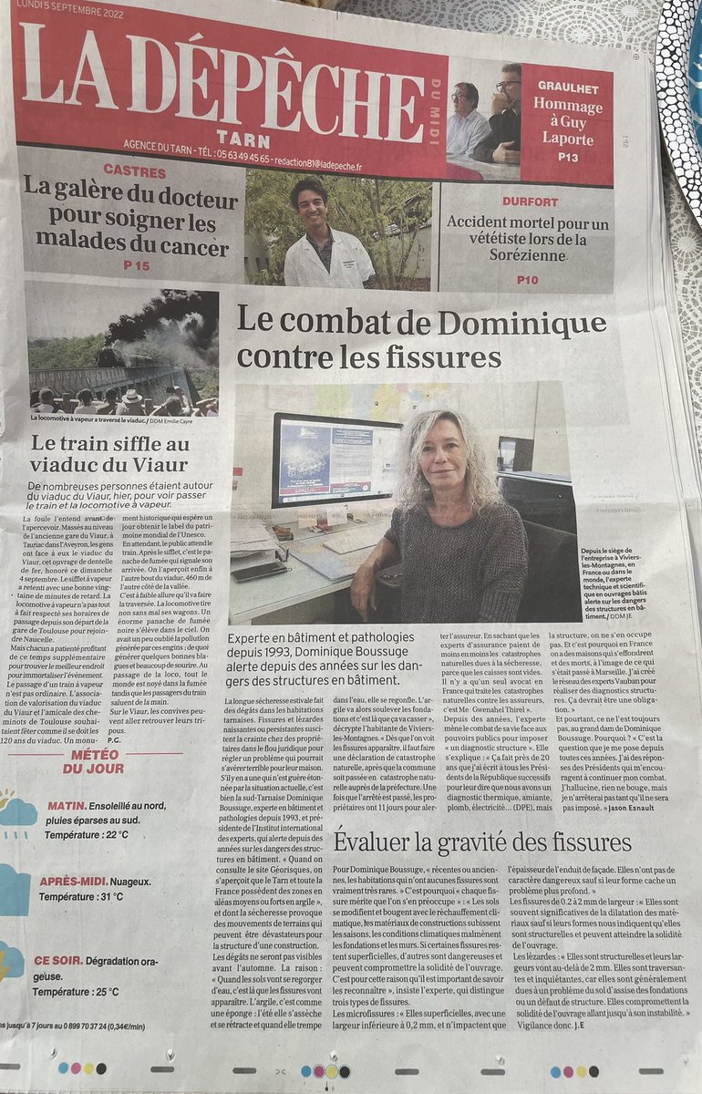institutexperts's tweet photo. Mon combat pour rendre obligatoire un diagnostic structure à la une de la Dépêche du Tarn .
Tous les Experts Vauban multiplient les expertises pour les dégâts sécheresses en étroite collaboration avec l’Avocat Me Gwenaël Thirel
https://t.co/Lv3tl2PZHX https://t.co/wBmwYMjw6j