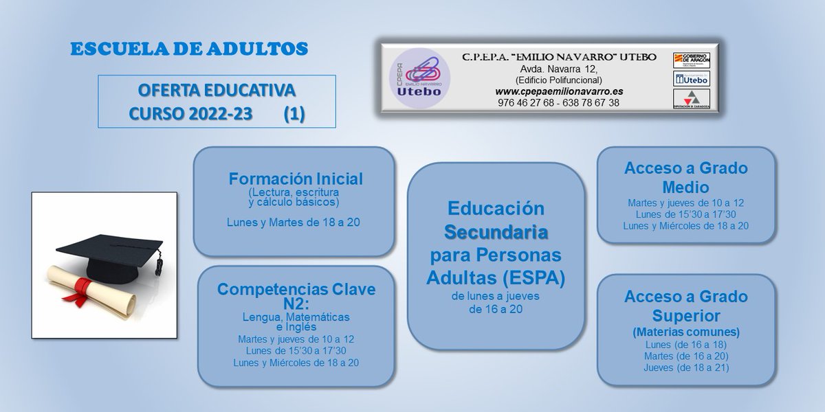 aulutebo's tweet photo. Horarios provisionales de los cursos ofertados en la Escuela de Adultos de #Utebo (2022-23). Por áreas (1).
@EPAAragon @AytoUtebo @cpepautebo @YoUtebo @EmpleoUtebo https://t.co/lJvXxsg5YO