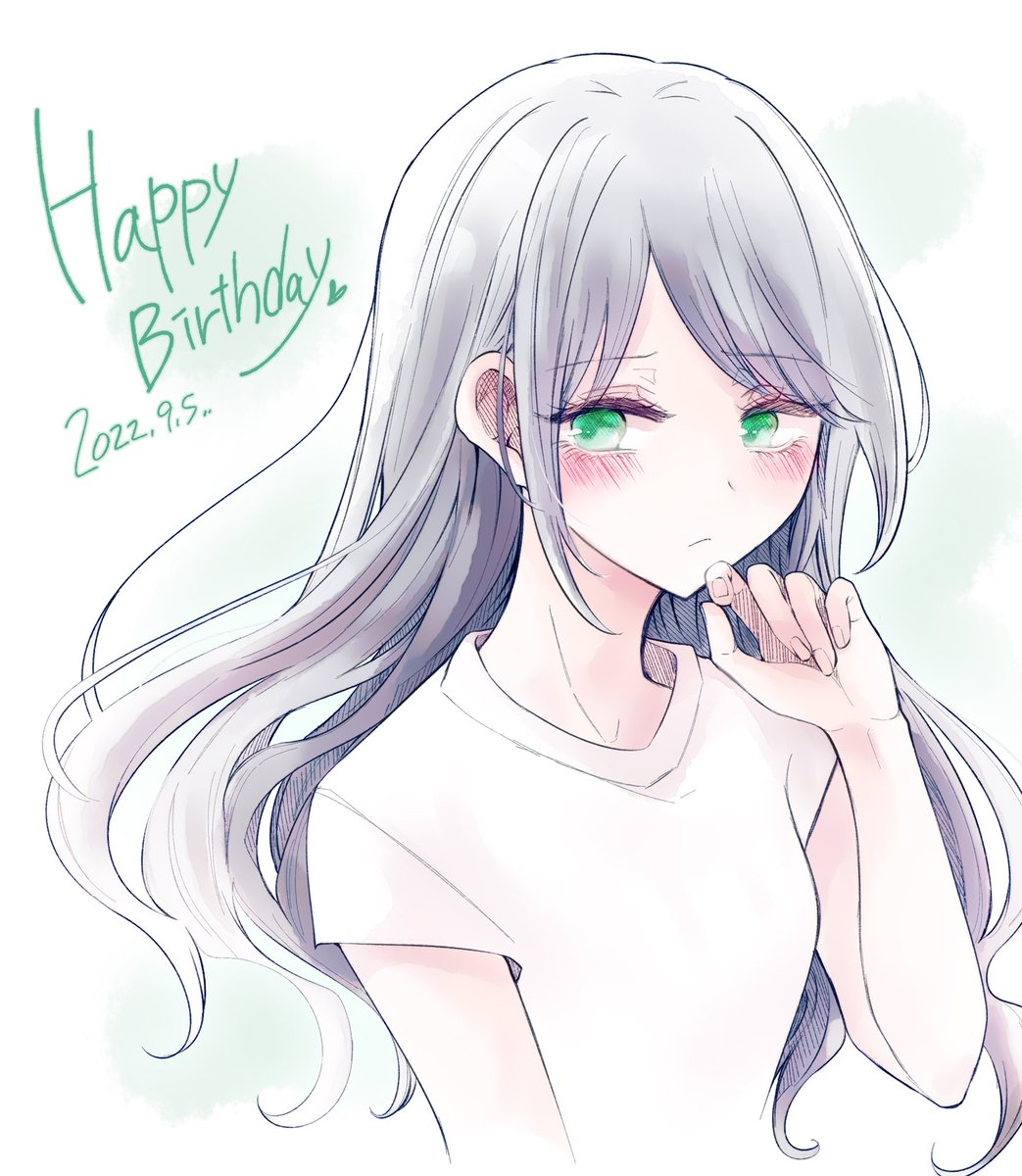 1girl solo long hair happy birthday blush shirt green eyes  illustration images