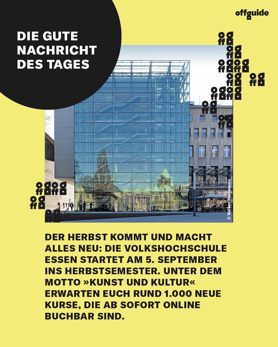Es ist für jede*n etwas dabei, egal welche Altersgruppe und mit welchen Interessen, denn zum Lernen sind wir weder zu jung noch zu alt. Die Kurse findet ihr auf der Website der VHS. Wir wünschen euch viel Spaß!
<a href="/vhsessen/">VHS Essen</a> #herbstprogramm #burgplatzessen #essencity #offguide