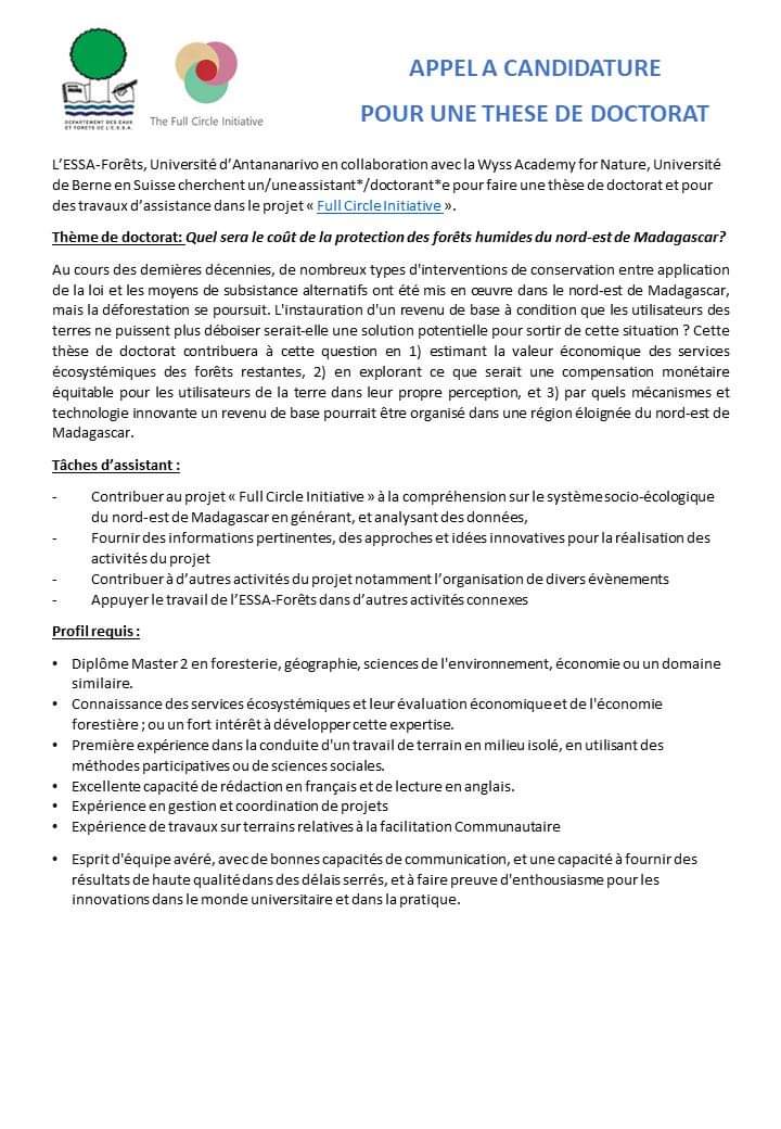 Appel à candidature pour une thèse de doctorat à <a href="/ESSAForets/">ESSA Eaux et Forêts</a> en partenariat avec <a href="/Wyss_for_Nature/">Wyss Academy for Nature</a> de l'université de Berne, dans le cadre du projet <a href="/LSNPMada/">Full Circle Initiative</a>