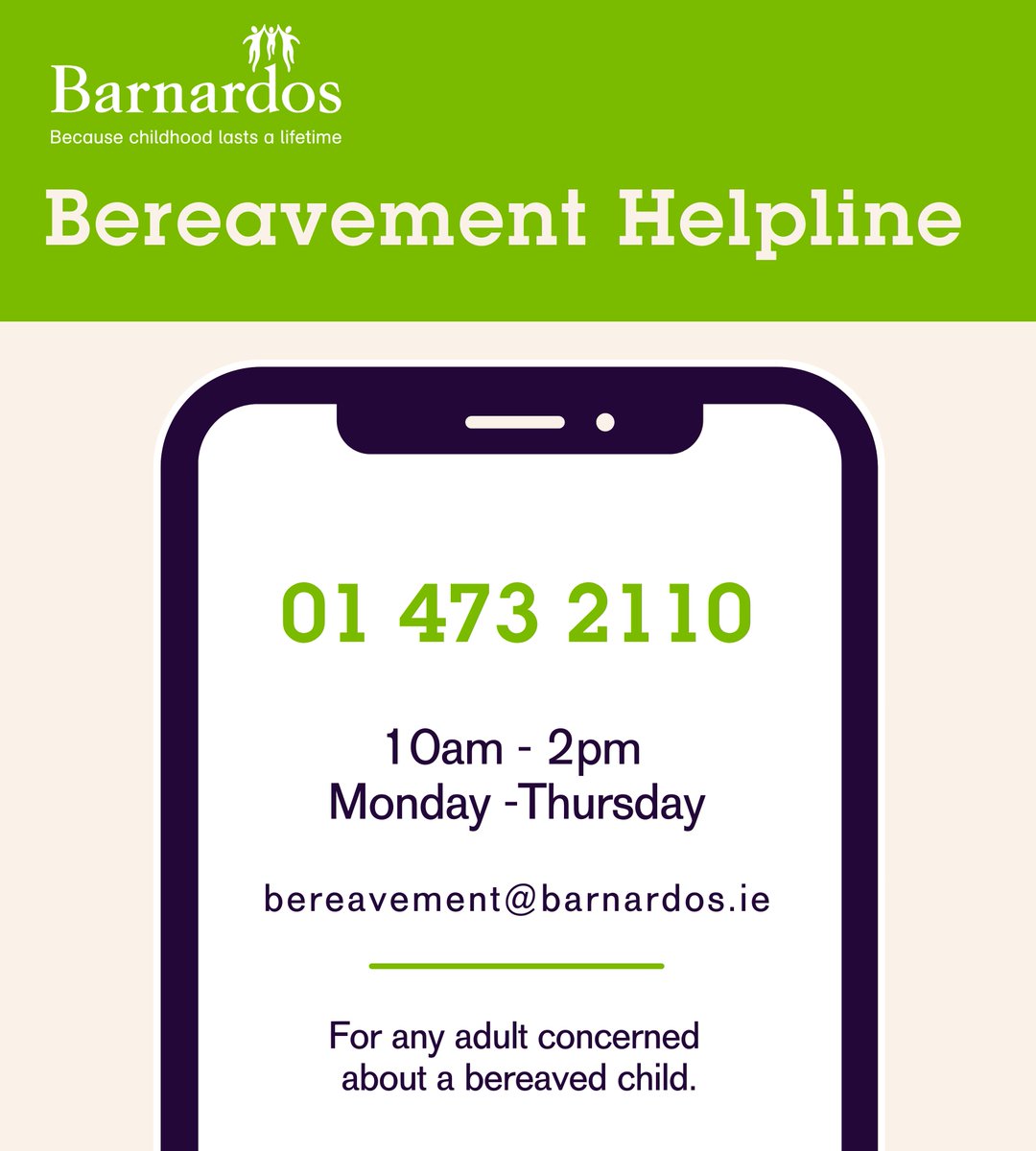 At this very difficult time for children and families in the #Tallaght community and across the country Barnardos Bereavement Helpline is open on (01) 473 2110 from 10am-2pm this week Monday to Thursday for people seeking information about how to support their children